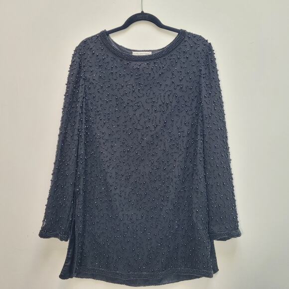 Papell Boutique Evening Black Silk Beaded Tunic Long Sleeve Top Womens Large - Picture 2 of 13